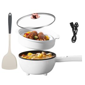 Electric Hot Pot Non-Stick Frying Pan Portable Rapid Noodles Cooker with Long Handle Steamer Spatula Dual Power Control Overheat Dry-Boil Protection f (Color: White)